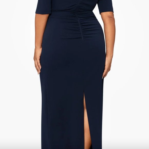 XScape Navy Blue, Ruffled, Off-the-shoulder Crepe Sheath Gown size 22 - Picture 10 of 10